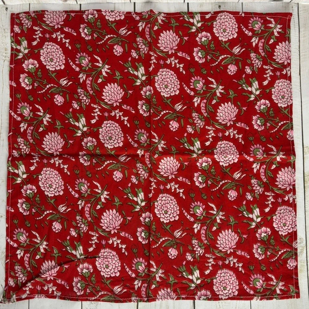 Set of 4 Handmade Floral Block Print Cotton Napkins Boho Bandana 16x16 2451